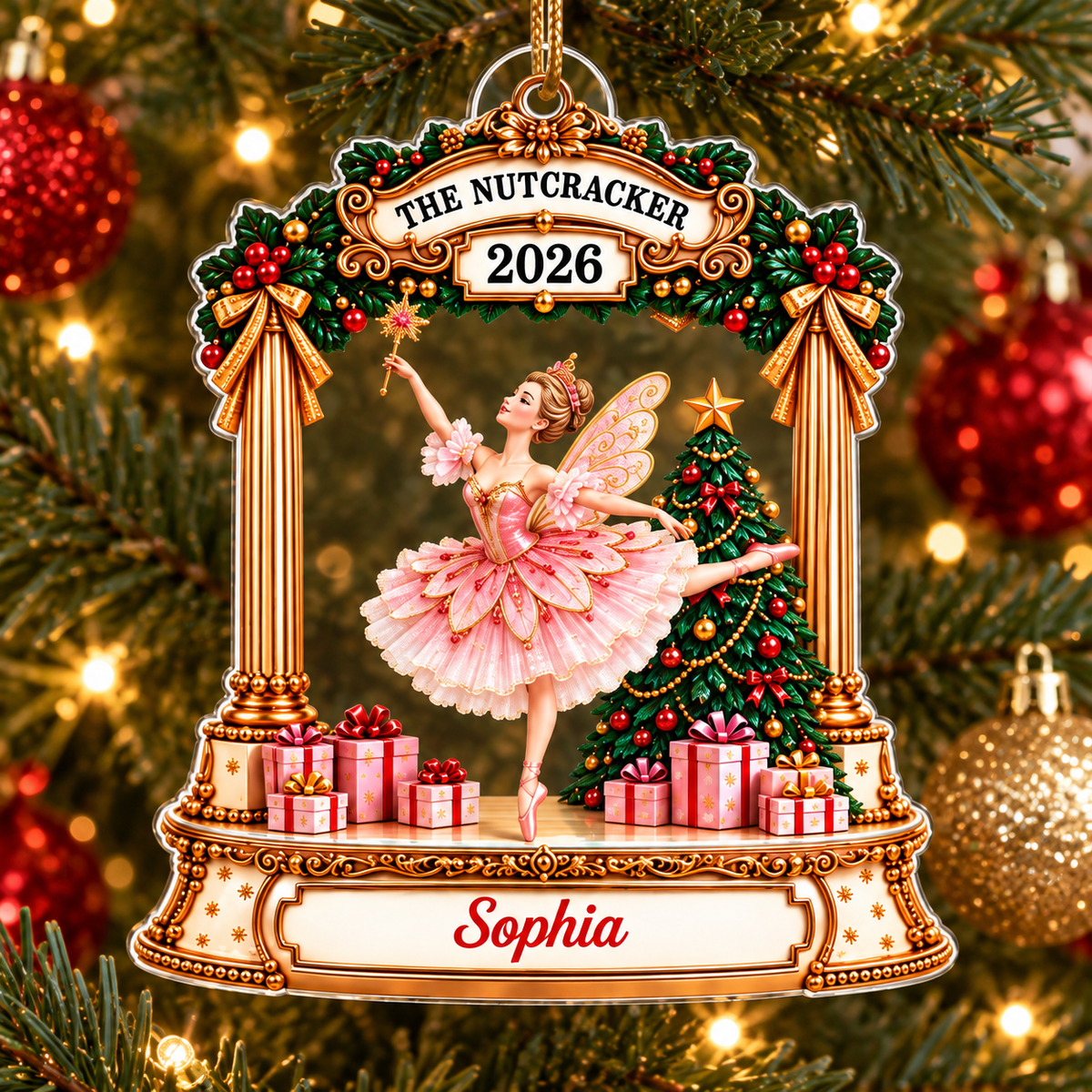 Sugar Plum Fairy Nutcracker acrylic ornament featuring a dancer in a pink tutu, festive tree, and 'Sophia' text.