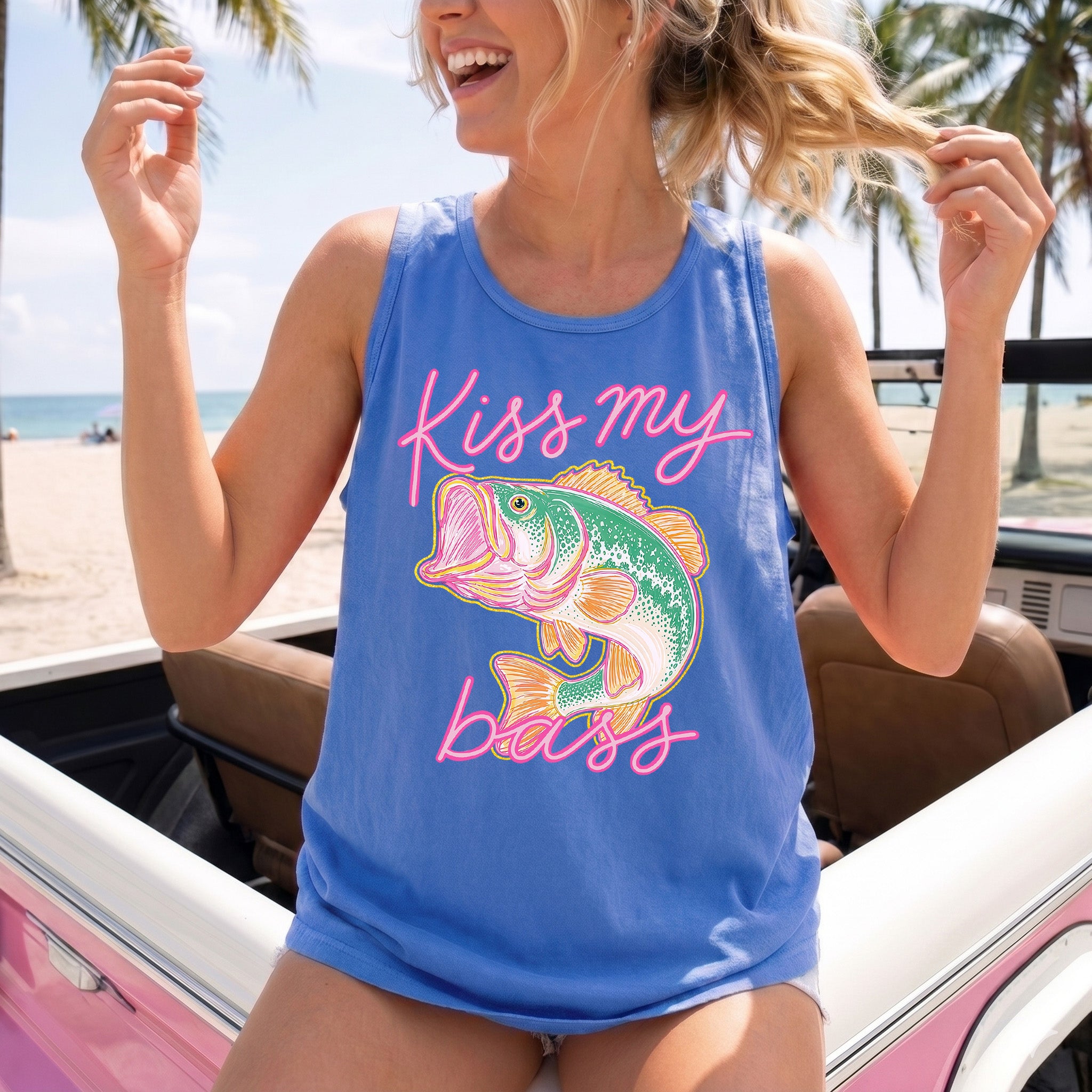 BojjiCo Kiss My Bass Funny Fishing Graphic Tank Top For Women Preppy Retro Beachcore Coastal Grandma Lake Life Aesthetic Outdoor Shirt Blue Cotton Summer Vacation Coastal Cowgirl Trendy Fisherman Gift Idea Apparel