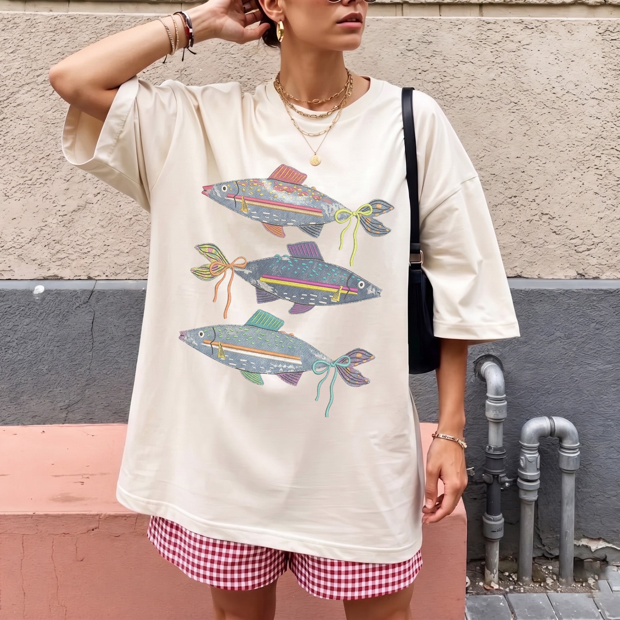 Bojjico Women's Preppy Denim Fish Shirt Coquette Bow Oversized Graphic T-Shirt Colorful Maximalist Summer Vacation Beach Tee Pink Cotton Blend Funny Fishing Top Casual Loose Fit Short Sleeve Coastal Aesthetic Trendy Outfit
