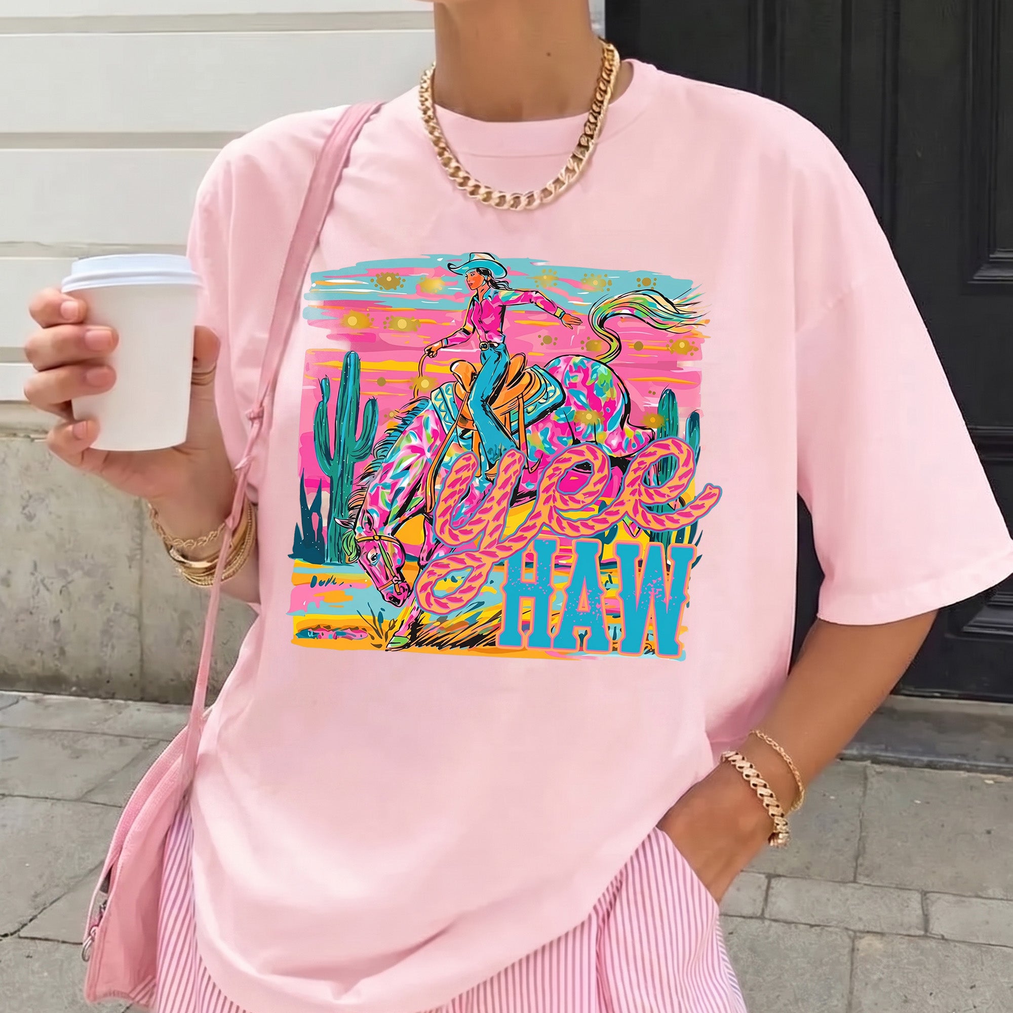 Bojjico Neon Yeehaw Graphic Oversized T-Shirt For Women Retro Westerncore Electric Cowgirl Cream Cotton Blend Trendy Country Concert Outfit Preppy Y2K Festival Top Rodeo Night Nashville Bachelorette Party Boutique Tee
