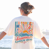 BojjiCo Happiness Comes In Waves Colorful Graphic T-Shirt For Women Oversized Retro Summer Vibes Pale Yellow Cotton Drop Shoulder Top Positive Joyful Vacation Tees Cute Preppy Casual Comfort Outfit Everyday Wear Aesthetic Fashion