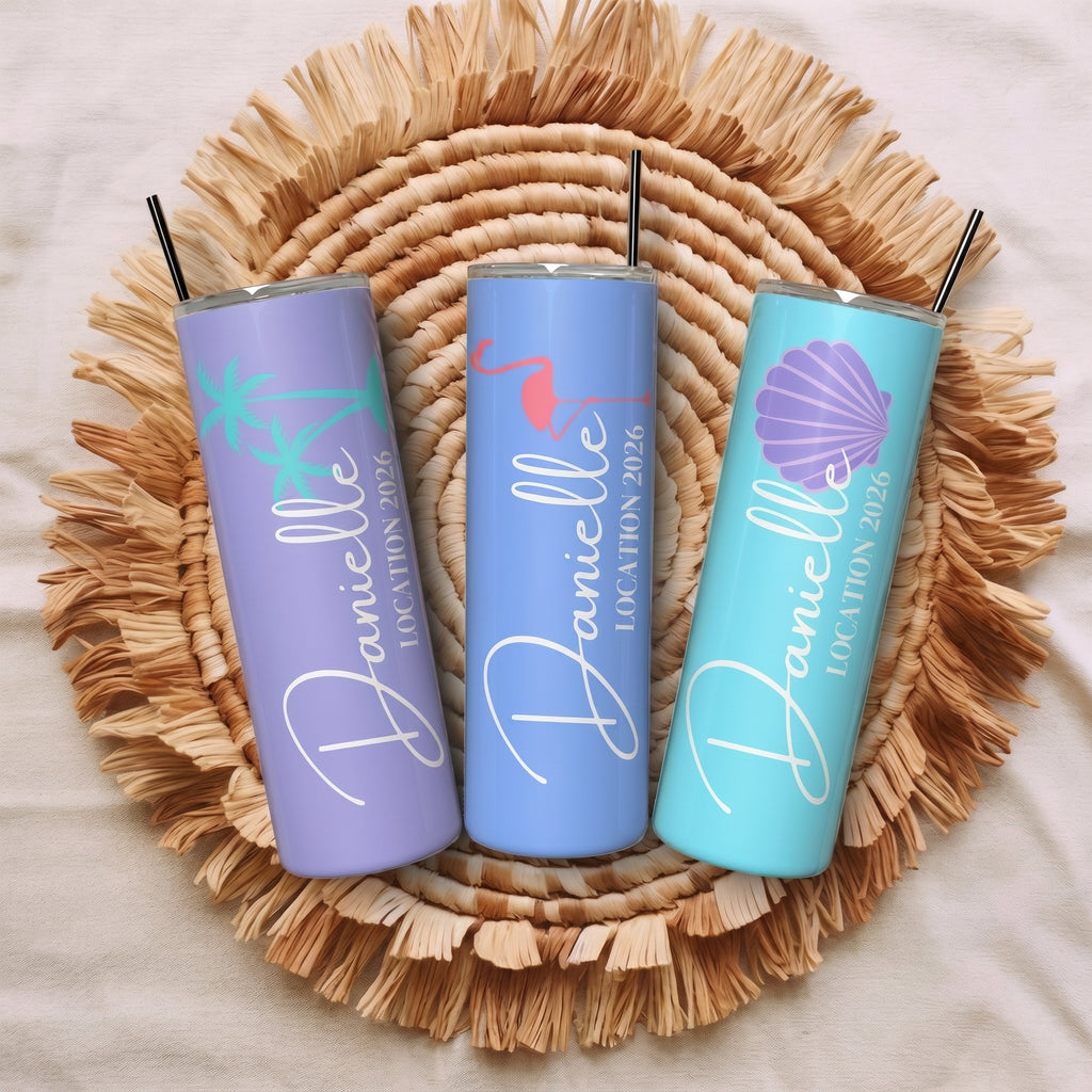 Bojjico Personalized Name Vacation Tumbler 20oz Skinny Tumbler With Straw For Women Custom Preppy Tropical Beach Pineapple Dolphin Aesthetic White Stainless Steel Matching Girls Trip Bachelorette Spring Break Summer Travel Essentials Gift Cup