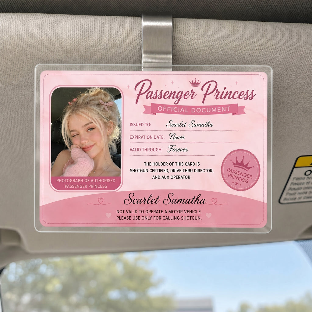 Bojjico Viral Personalized Passenger Princess Official Document Car Visor Clip Custom Photo And Name ID Badge Holder For Girlfriend Cute Pink Coquette Aesthetic Clear Acrylic Funny Car Accessories Gift Shotgun Rider Meme Gag Gifts