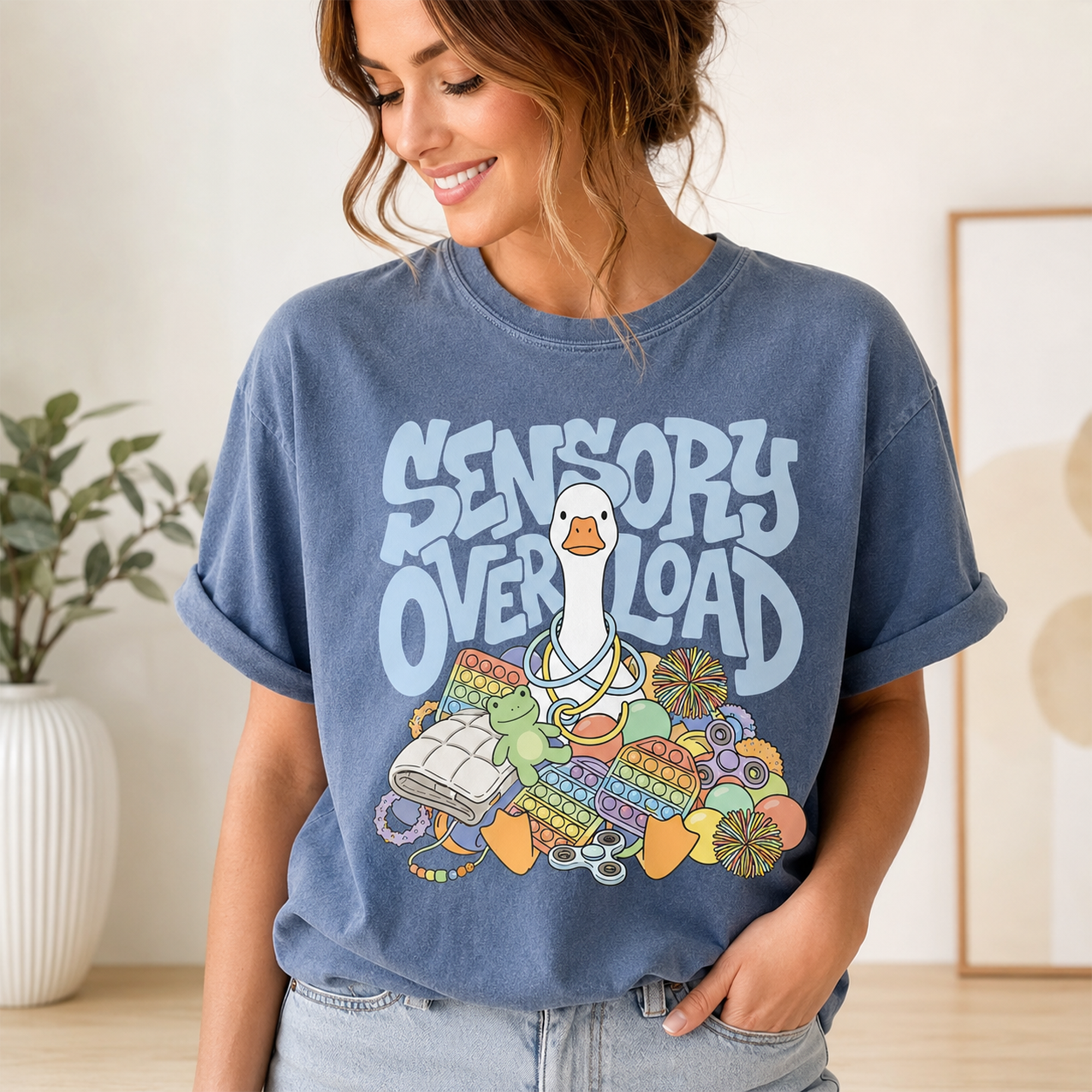 BojjiCo Sensory Overload Silly Goose Back To School T-Shirt for Neurodivergent Adults Y2K Retro Pastel Aesthetic Funny Meme Light Blue Soft Cotton Comfort Tee Overstimulated Introvert ADHD Anxiety Autism Mental Health Awareness Gift