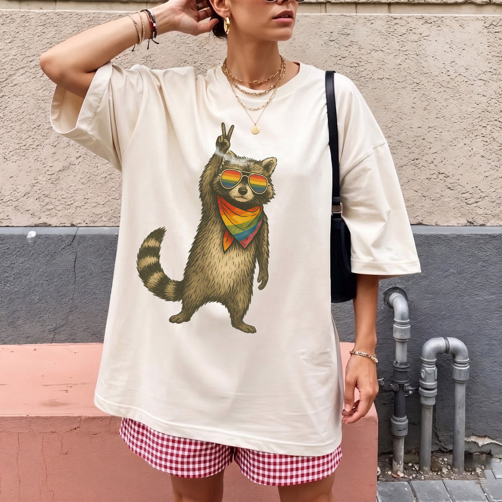 Bojjico Raccoon Pride LGBT Shirt Oversized Graphic Tee Top Women's Y2K Casual Streetwear Funny Novelty Cream Off-White Cotton Blend LGBTQ Support Equality Shirt Pride Month Rainbow Flag Summer Short Sleeve Basic T-Shirt