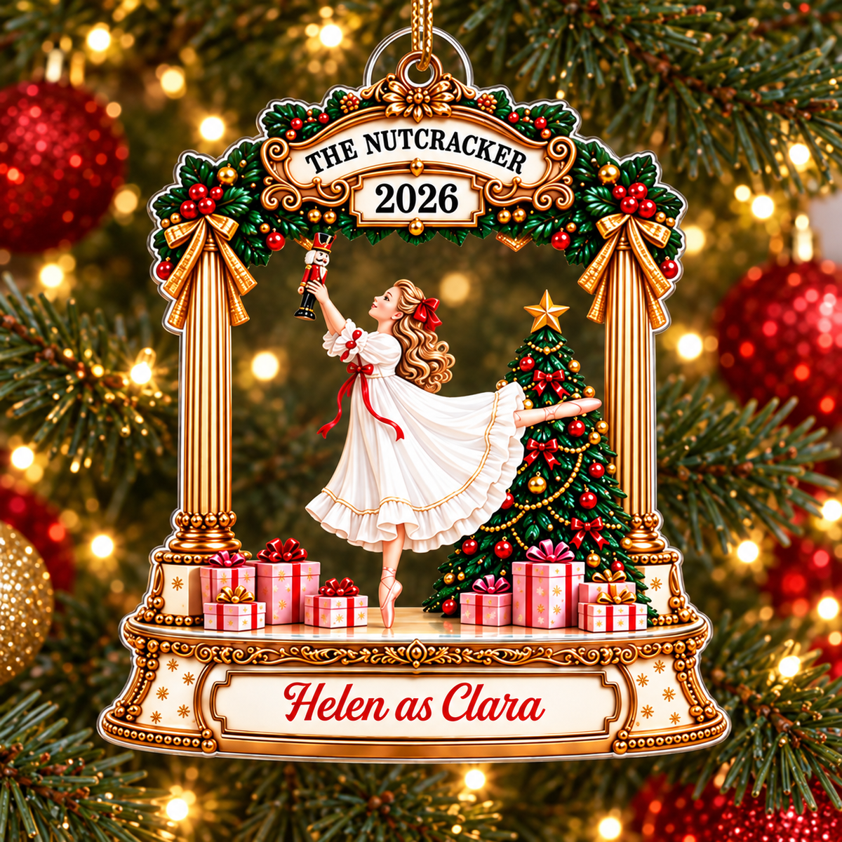 Custom Nutcracker ornament showing Clara in a white dress holding a toy soldier, tree, and 'Helen as Clara' text.
