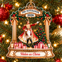 Personalized Nutcracker acrylic ornament featuring a prince in a red uniform, decorated tree, and 'Helen as Clara' text.