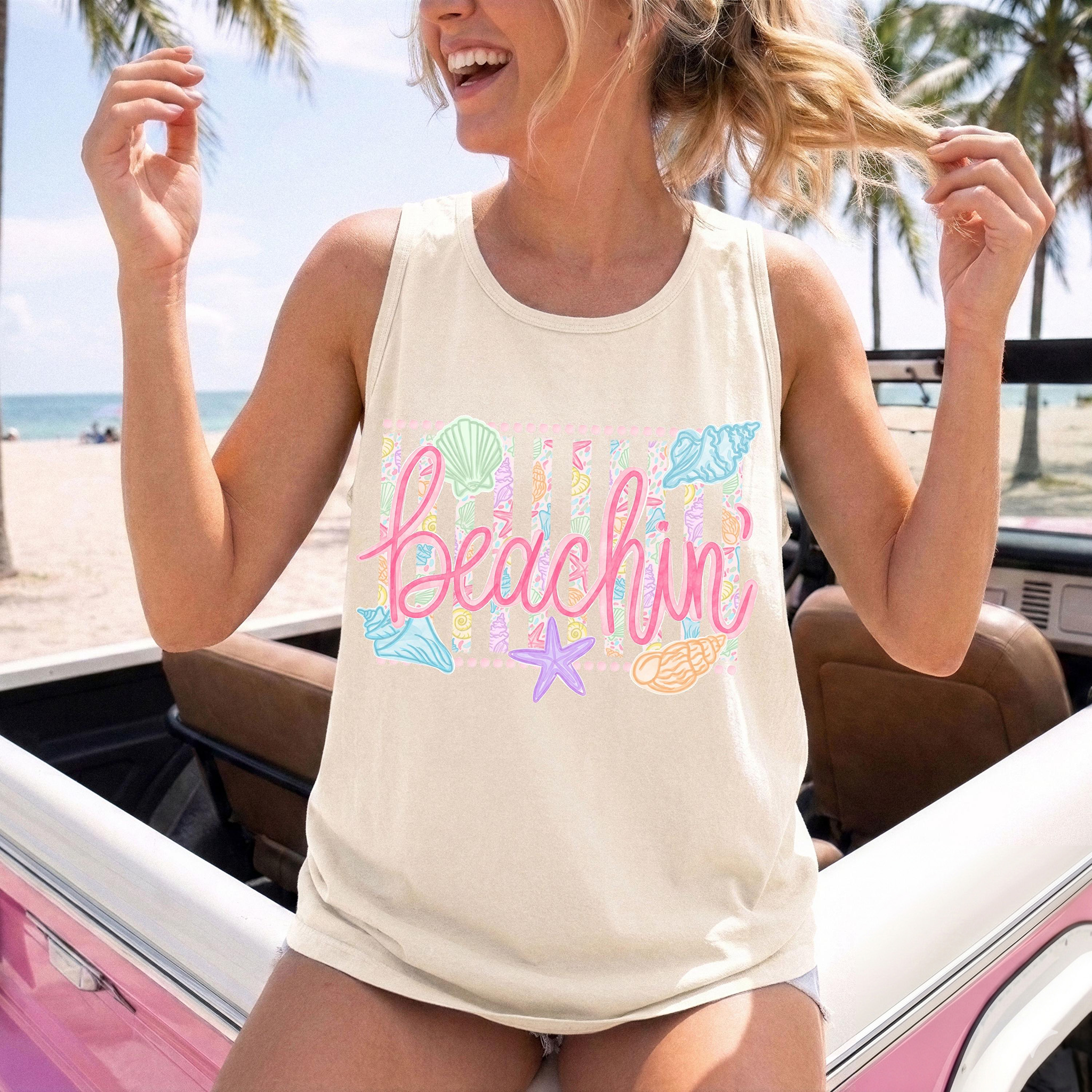 BojjiCo Trendy Beachin' Tank Graphic Tee For Women Coastal Aesthetic Tropical Coquette Violet Washed Cotton Summer Vacation Top Womens Beach Shirts Retro Neon Trendy Stripes Fit Festival Wear