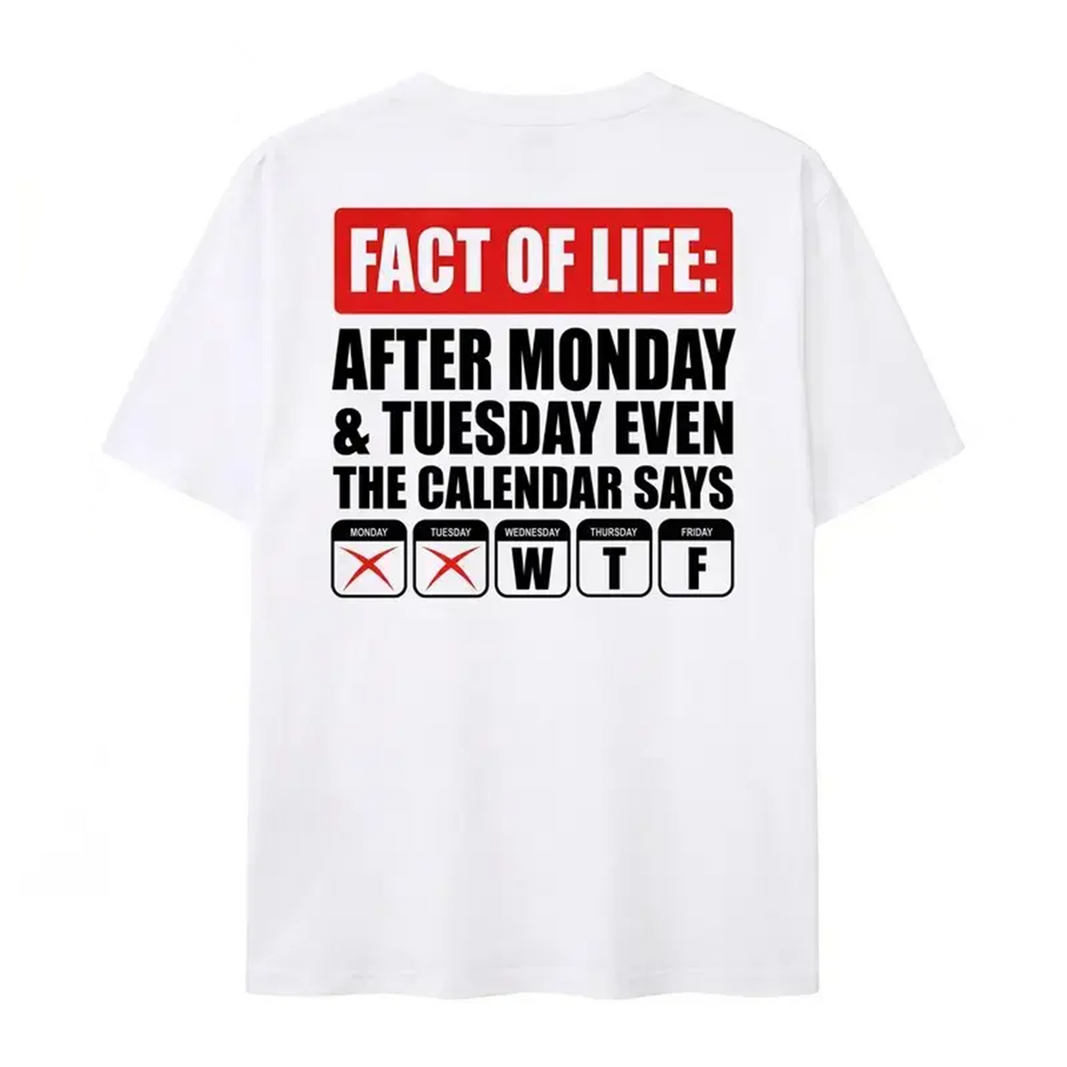 A plain white cotton t-shirt shown from the back with a funny office joke printed in black and red.