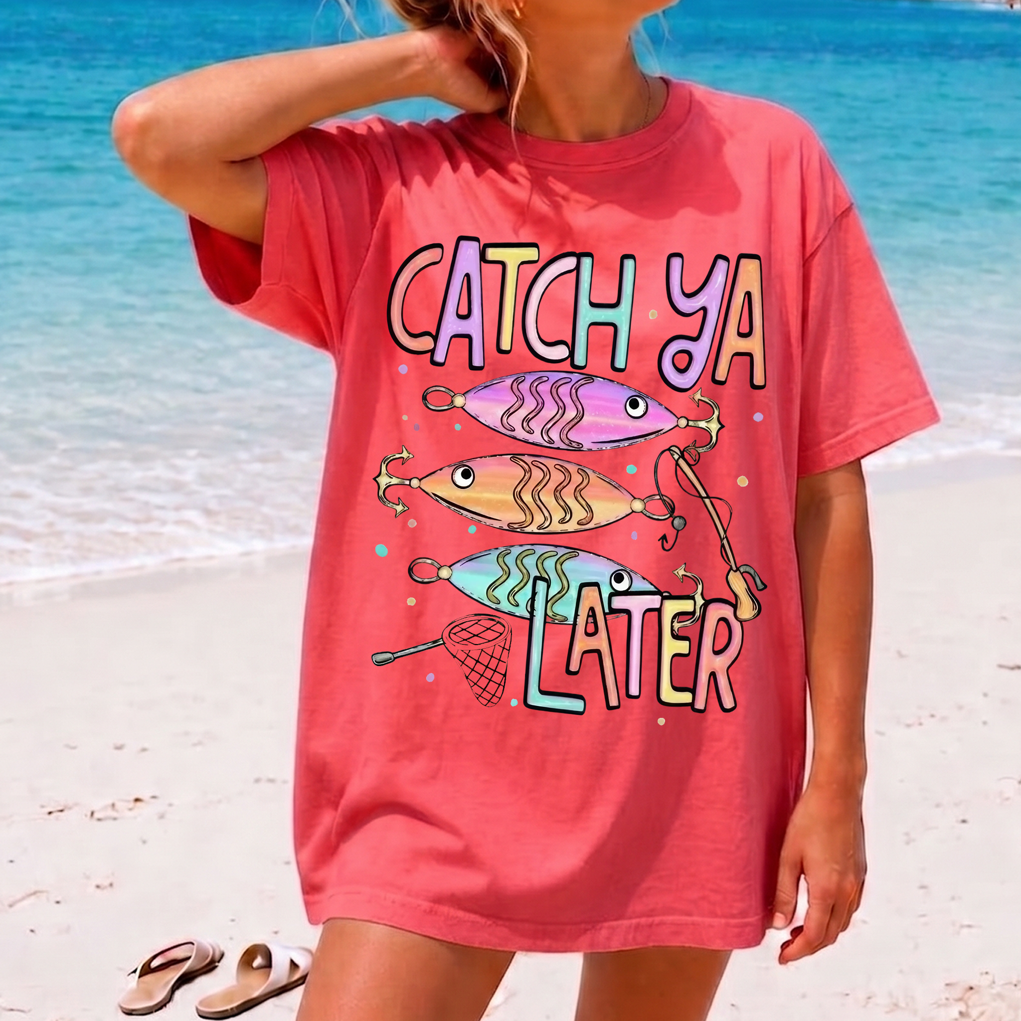 BojjiCo Catch Ya Later Fishing Shirt Pastel Fishing Summer Fishing Shirt Design Graphic Tee Preppy Coastal Lake Stripes Design Summer Vacation Aesthetic T-Shirt for Women Cute Outdoors Lake Life Clothing