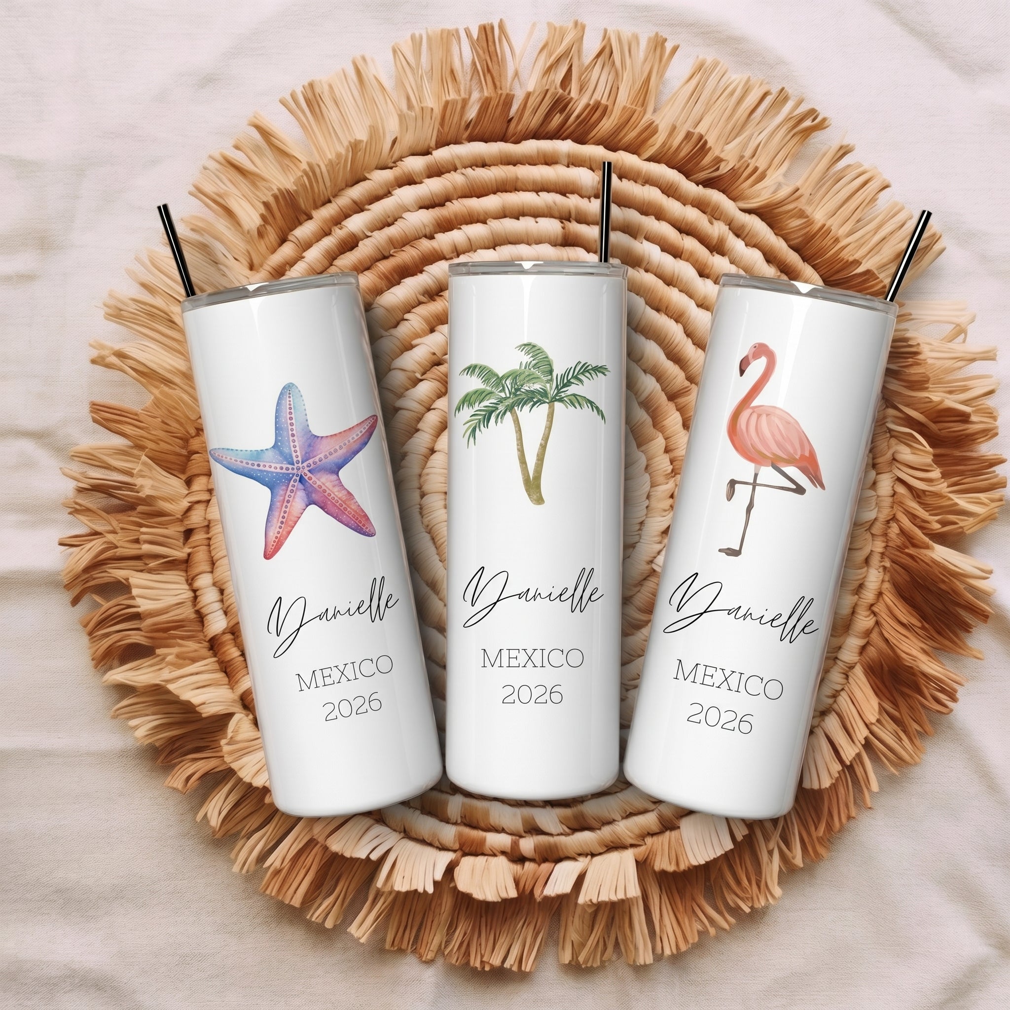 Bojjico Custom Personalized Name Vacation Tumbler 20oz Skinny Tumbler With Straw For Women Preppy Tropical Beach Aesthetic White Stainless Steel Matching Girls Trip Bachelorette Spring Break Summer Travel Essentials Gift Cup