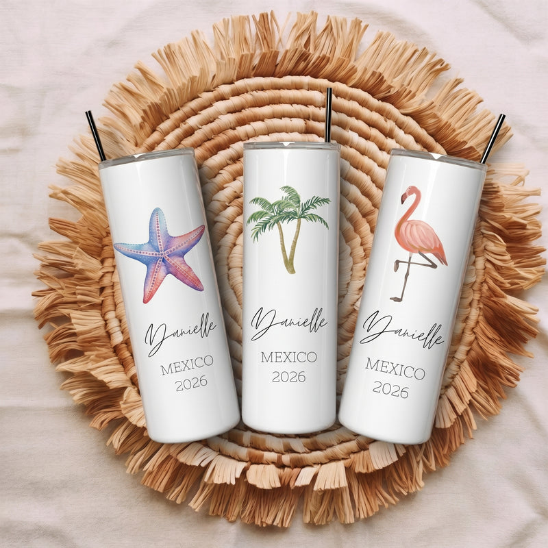 Bojjico Custom Personalized Name Vacation Tumbler 20oz Skinny Tumbler With Straw For Women Preppy Tropical Beach Aesthetic White Stainless Steel Matching Girls Trip Bachelorette Spring Break Summer Travel Essentials Gift Cup