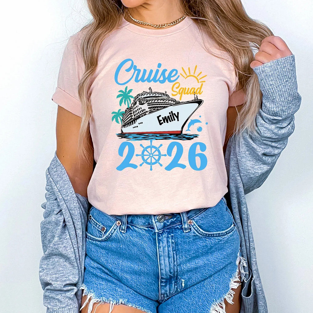 Bojjico Custom Cruise Squad 2026 Family Matching T-Shirts Vacation Group Cotton Tees Tropical Nautical Aesthetic Red Pink Navy White Personalized Holiday Apparel Ship Wheel Ocean Getaway Souvenir Shirts For Men Women Kids