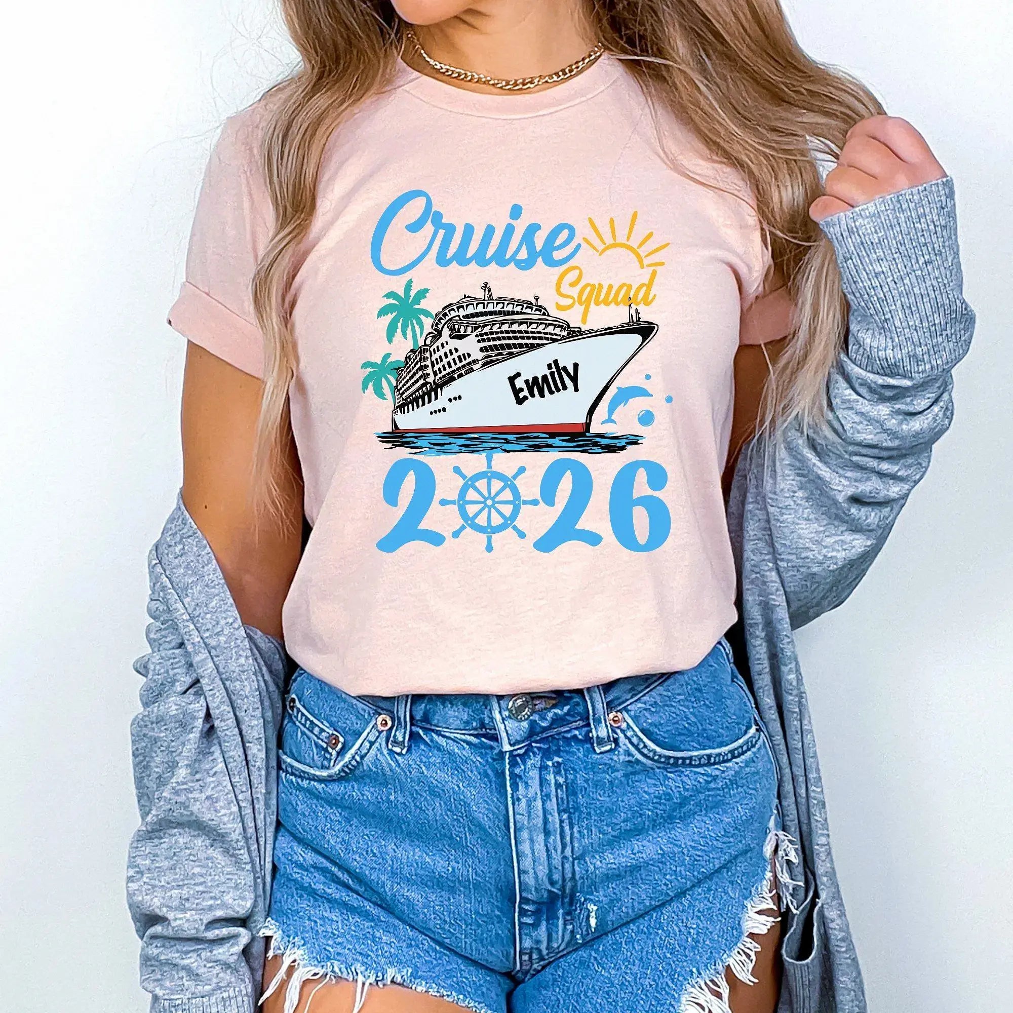 Bojjico Custom Cruise Squad 2026 Family Matching T-Shirts Vacation Group Cotton Tees Tropical Nautical Aesthetic Red Pink Navy White Personalized Holiday Apparel Ship Wheel Ocean Getaway Souvenir Shirts For Men Women Kids