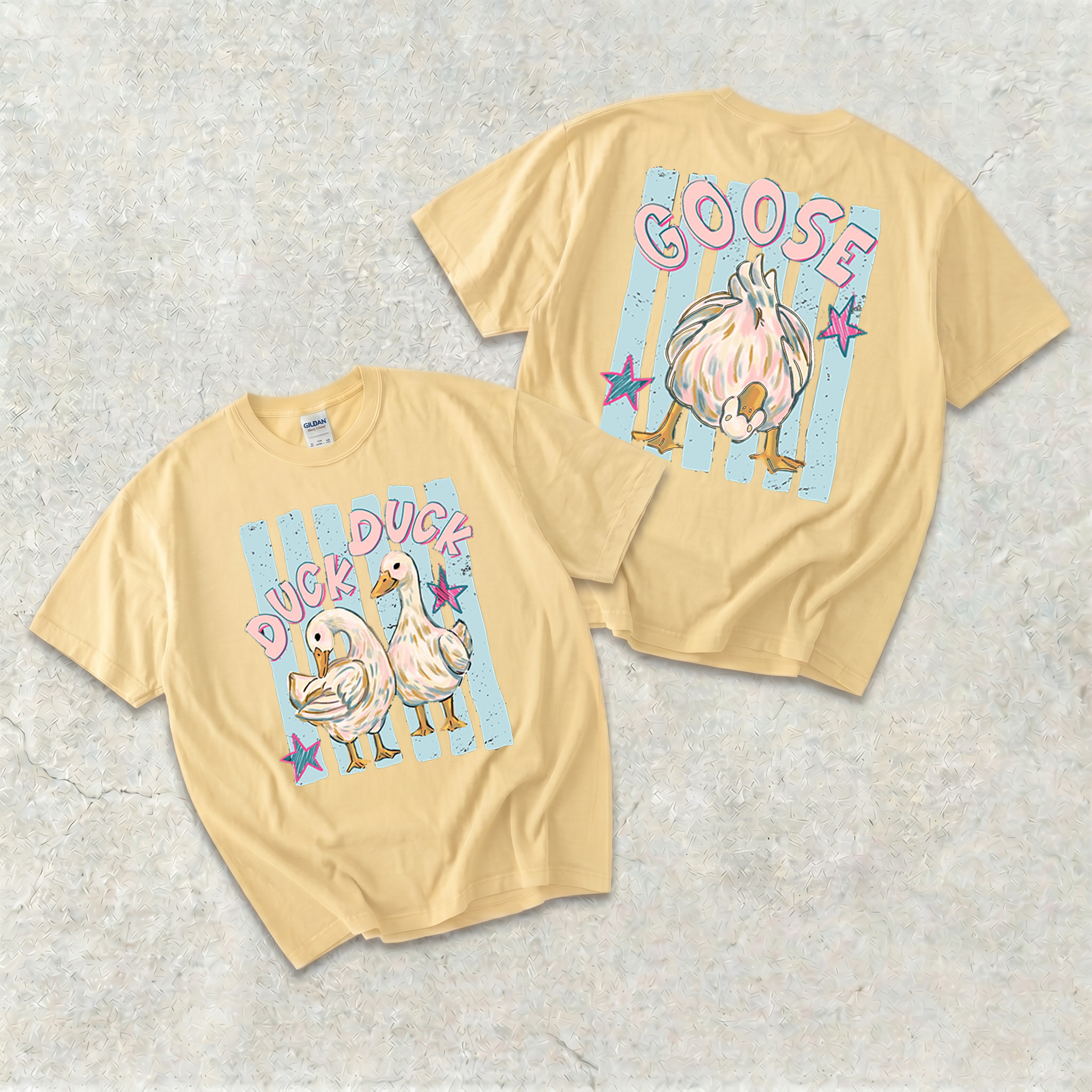 BojjiCo Trending Catch Phrase Shirt Duck Duck Goose Guess What Shirt Cute Brushstroke Duck Graphic Tee Summer Beach Vintage Tee Girly Boutique Tee Aesthetic Trendy Coppy Cute Birds Double Sided Print Short Sleeve T-Shirt
