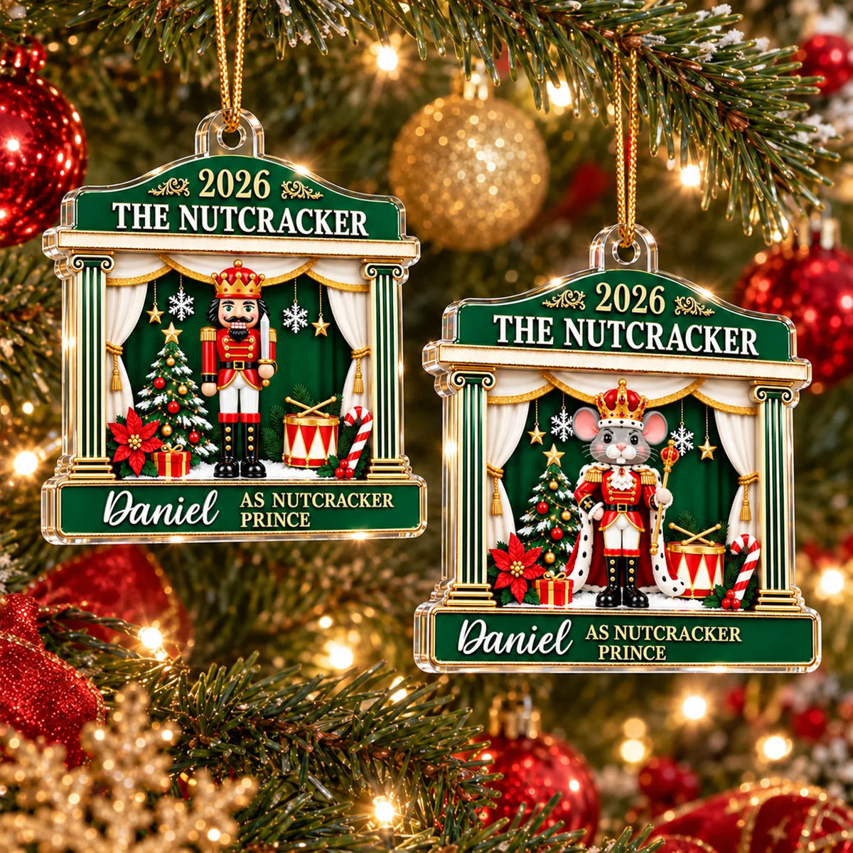 Two 2026 The Nutcracker Personalized Acrylic Christmas Ornaments in green, featuring a toy soldier and a mouse character in