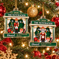 Two 2026 The Nutcracker Personalized Acrylic Christmas Ornaments in green, featuring a toy soldier and a mouse character in