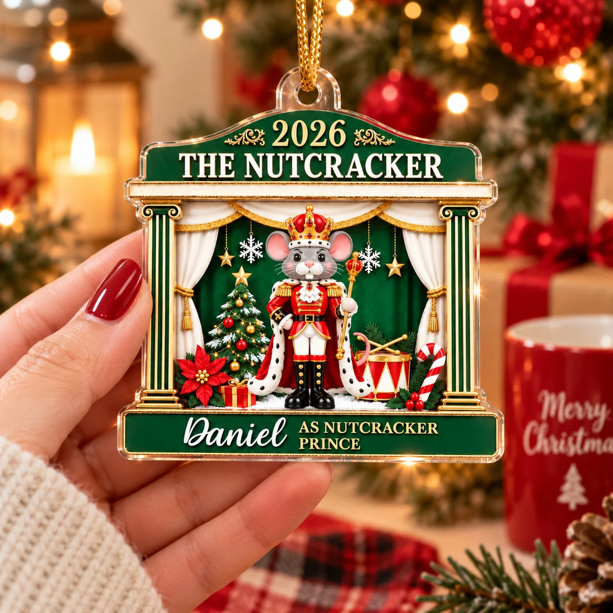 A green 2026 The Nutcracker Personalized Acrylic Christmas Ornament depicting a mouse dressed as the Nutcracker Prince on a