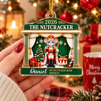 A green 2026 The Nutcracker Personalized Acrylic Christmas Ornament depicting a mouse dressed as the Nutcracker Prince on a