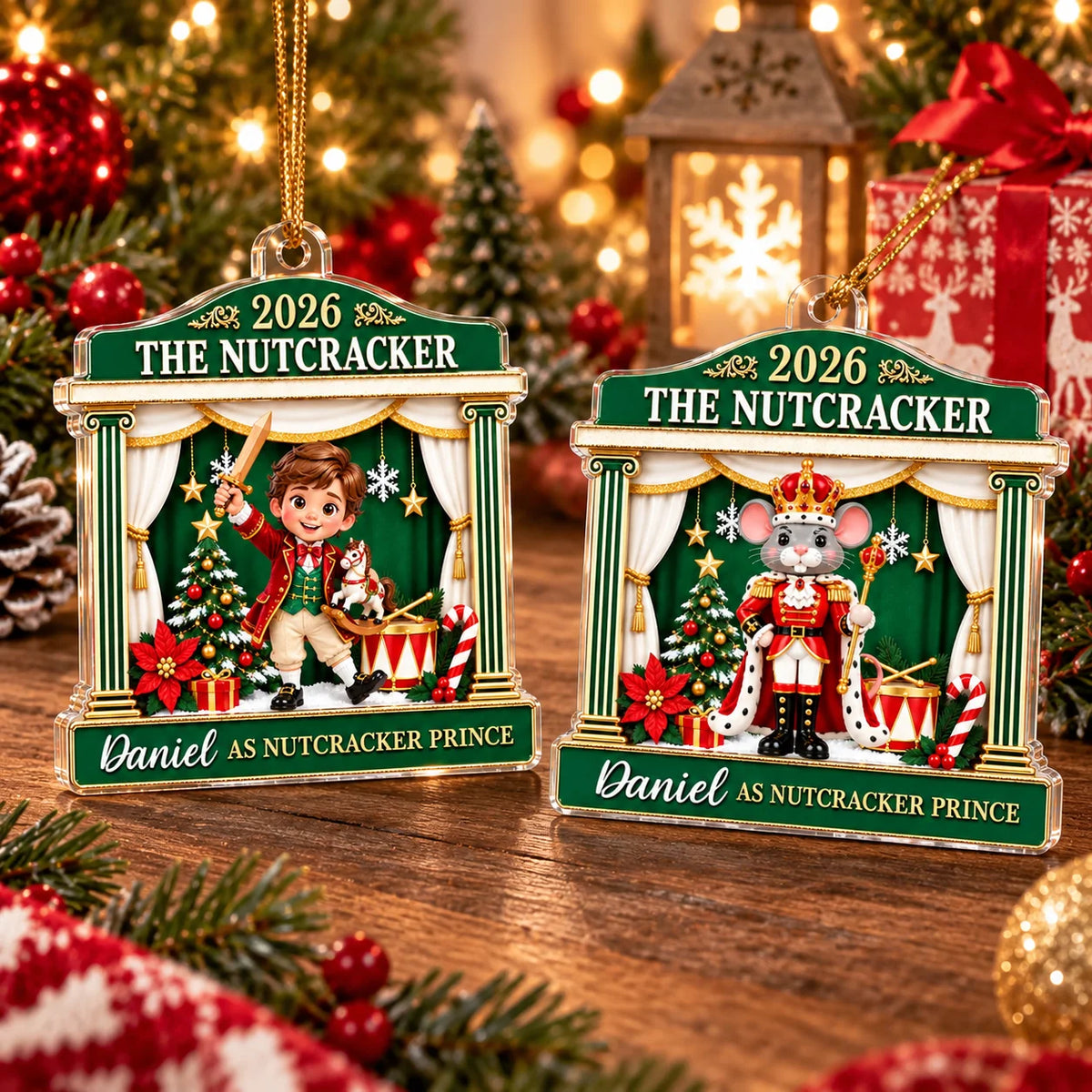 Two 2026 The Nutcracker Personalized Acrylic Christmas Ornaments in green hanging on a tree, showing a toy soldier and a