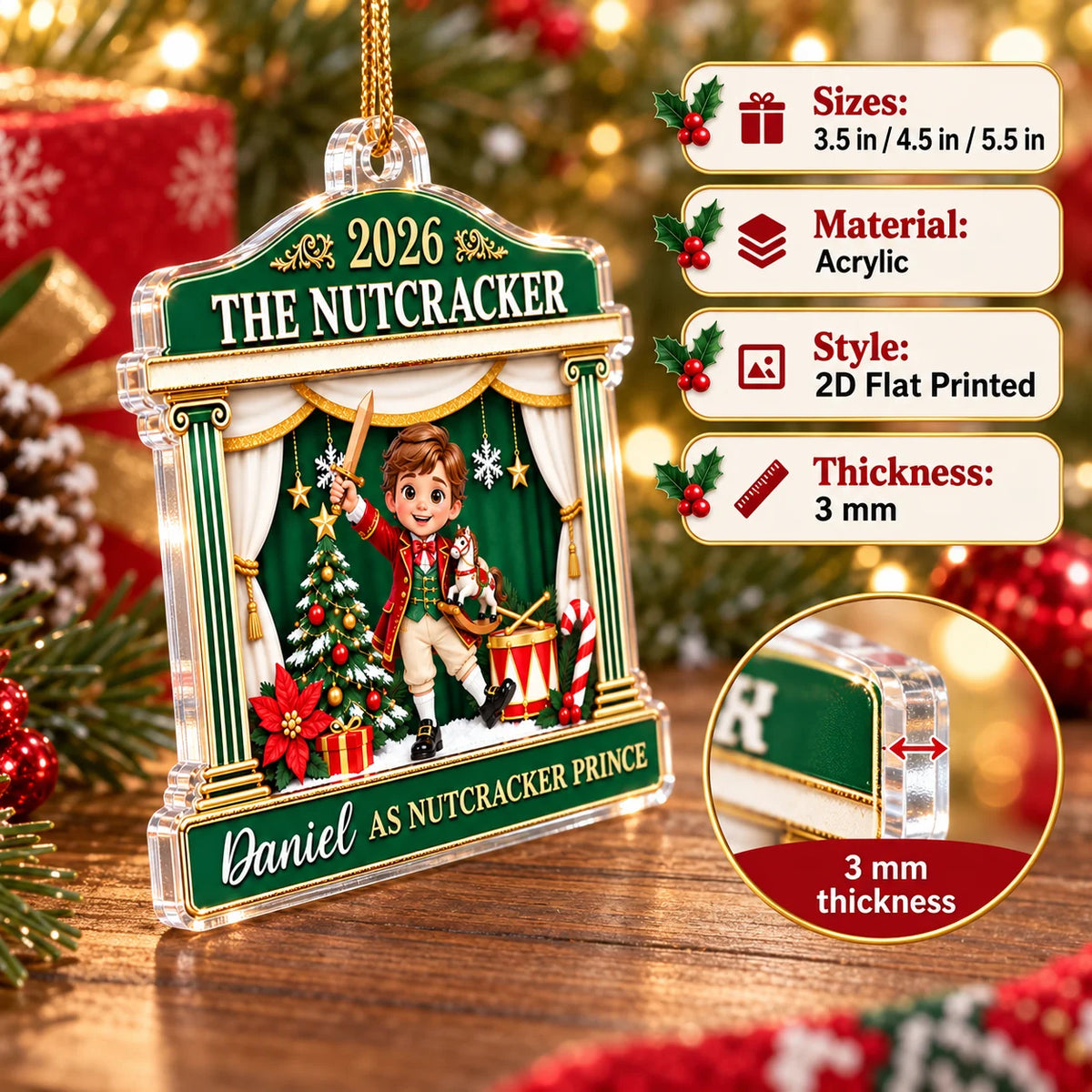 A green 2026 The Nutcracker Personalized Acrylic Christmas Ornament showing the Prince, with size, material, and thickness