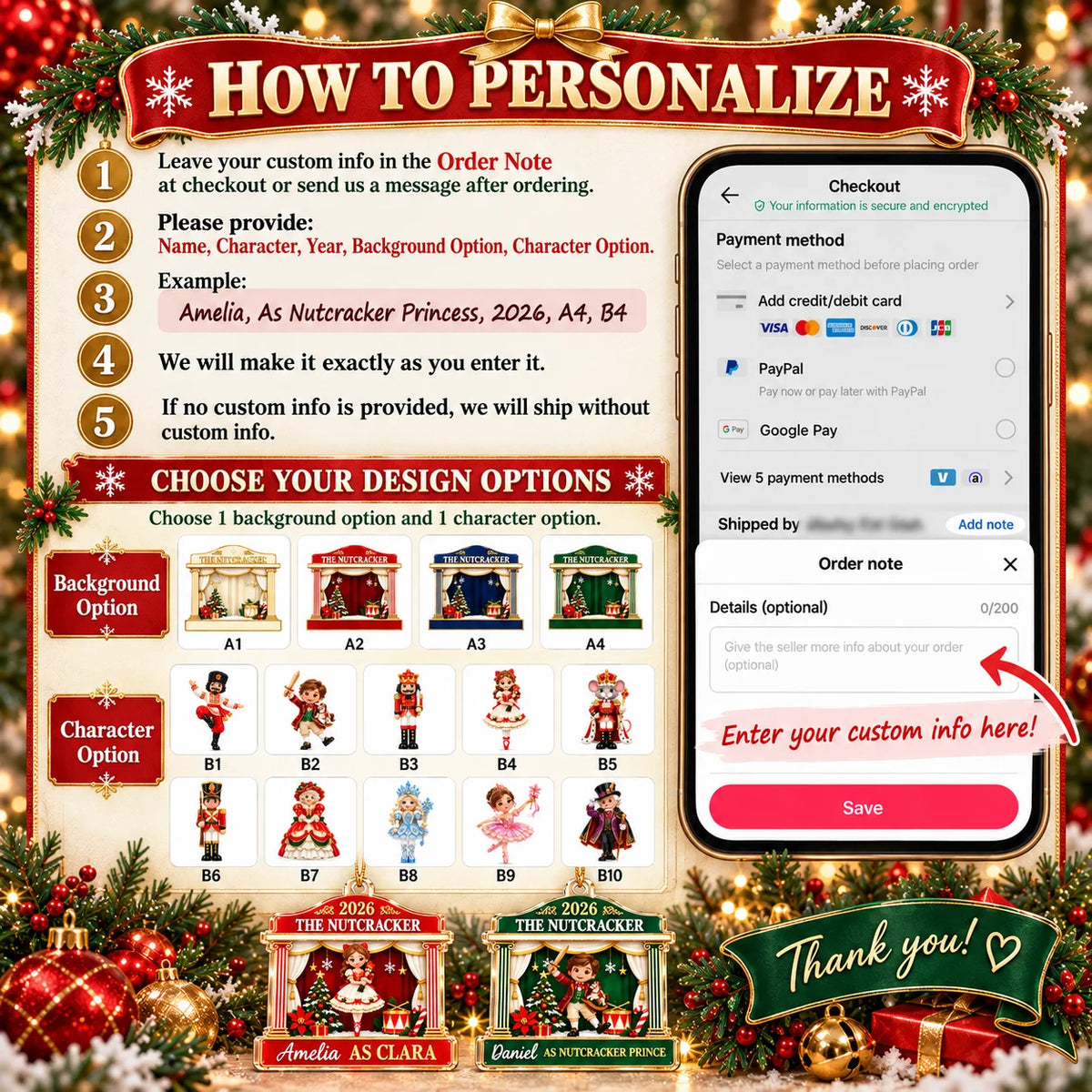 An infographic showing instructions and character options for the 2026 The Nutcracker Personalized Acrylic Christmas
