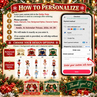 An infographic showing instructions and character options for the 2026 The Nutcracker Personalized Acrylic Christmas