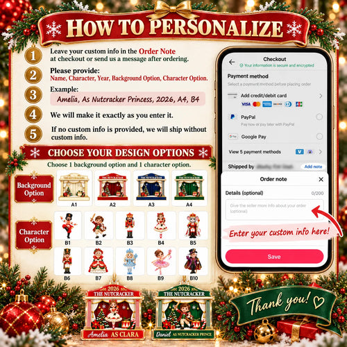 An infographic showing instructions and character options for the 2026 The Nutcracker Personalized Acrylic Christmas