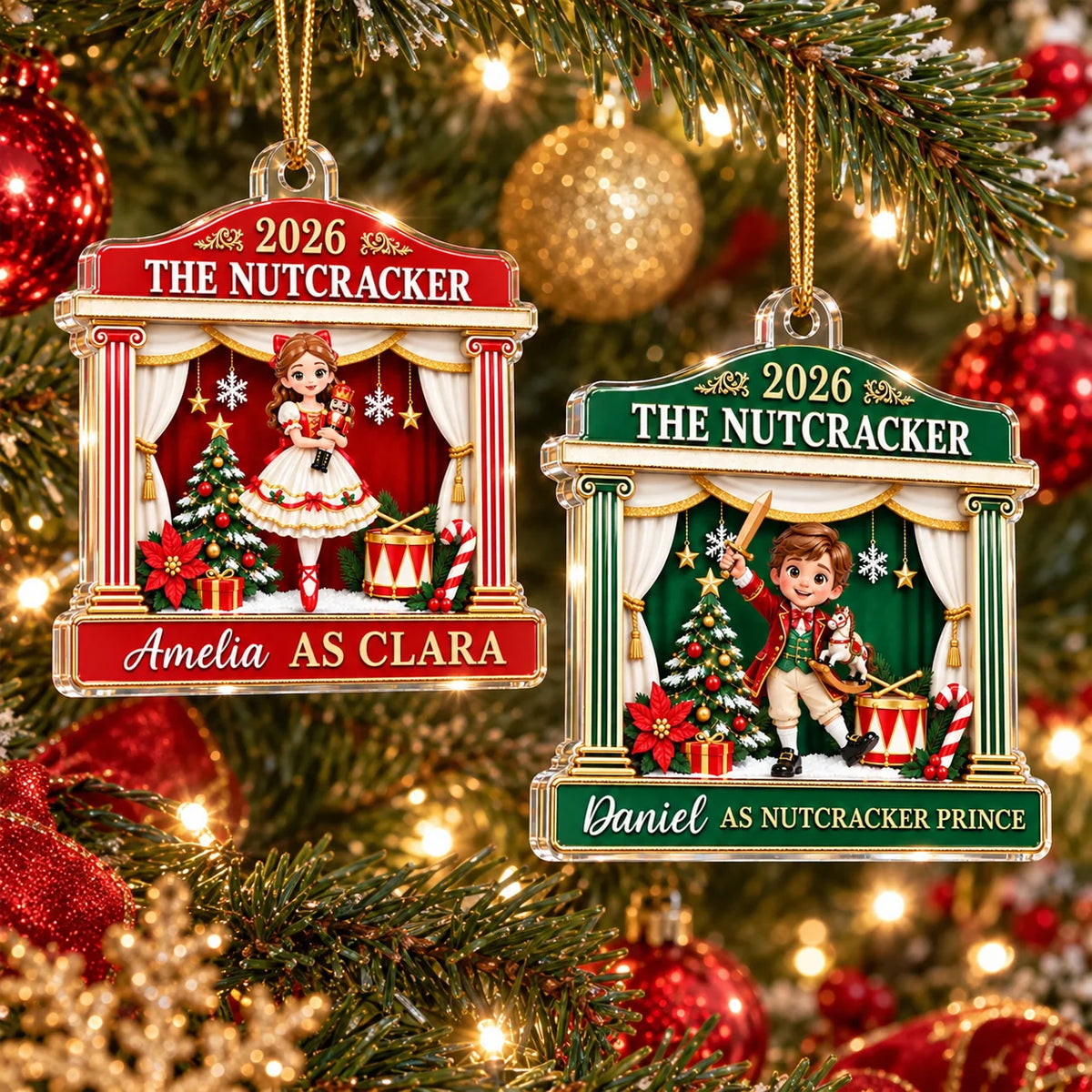 Two 2026 The Nutcracker Personalized Acrylic Christmas Ornaments hanging on a tree, one red with Clara and one green with the
