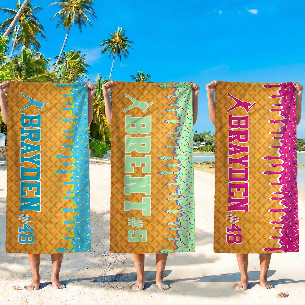 Bojjico Custom Personalized Ice Cream Drip Baseball Beach Matching Towel For Boys Youth Fun Aesthetic Pink Waffle Cone Pool Towel Microfiber Sports Team Gift With Custom Kid Name Number Print Summervibes Vacation Summerwins Beach Holiday Gifts