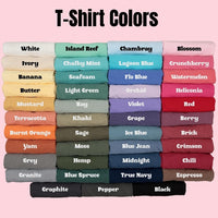 A color chart displaying dozens of folded t-shirt options in various shades and colors.