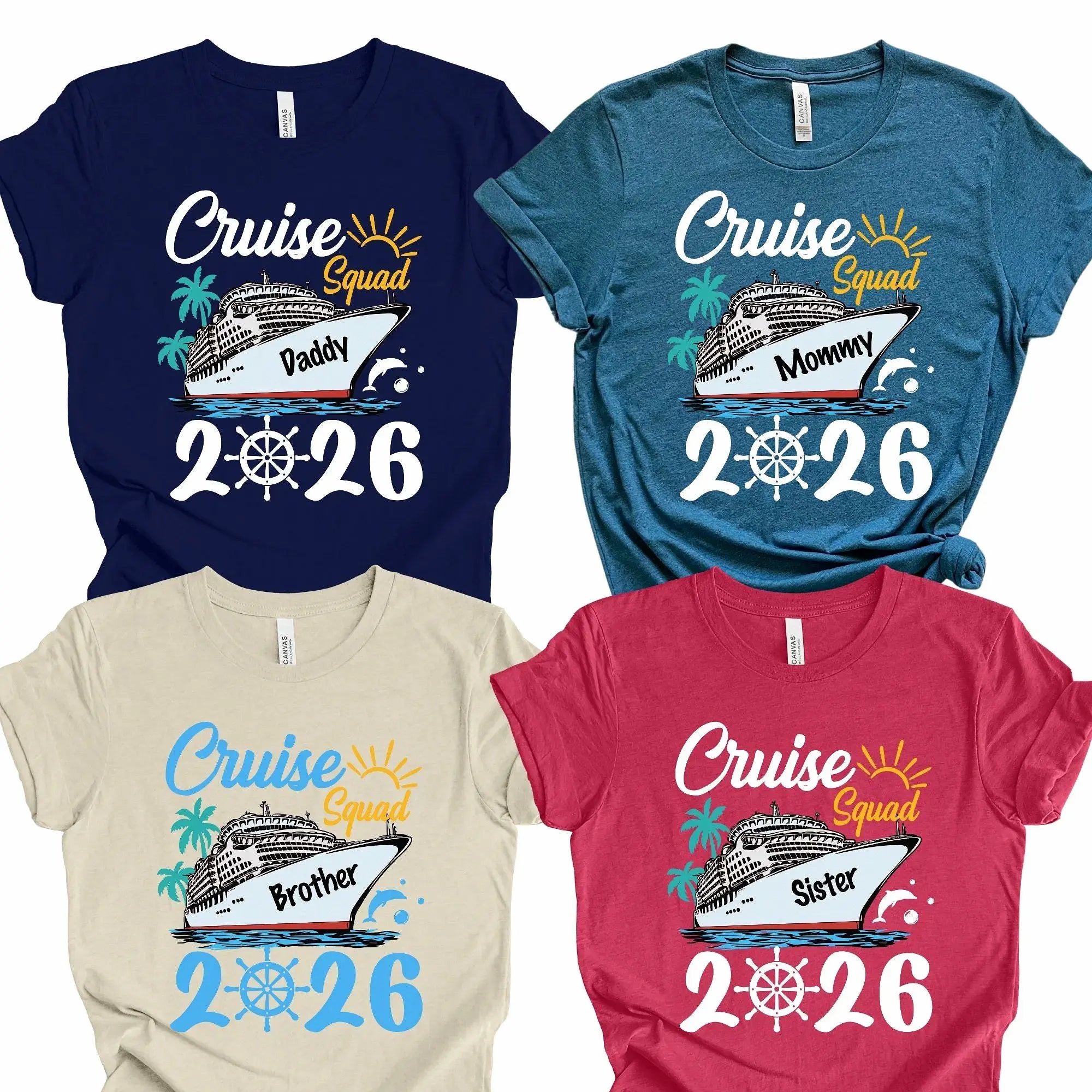 Bojjico Custom Cruise Squad 2026 Family Matching T-Shirts Vacation Group Cotton Tees Tropical Nautical Aesthetic Red Pink Navy White Personalized Holiday Apparel Ship Wheel Ocean Getaway Souvenir Shirts For Men Women Kids