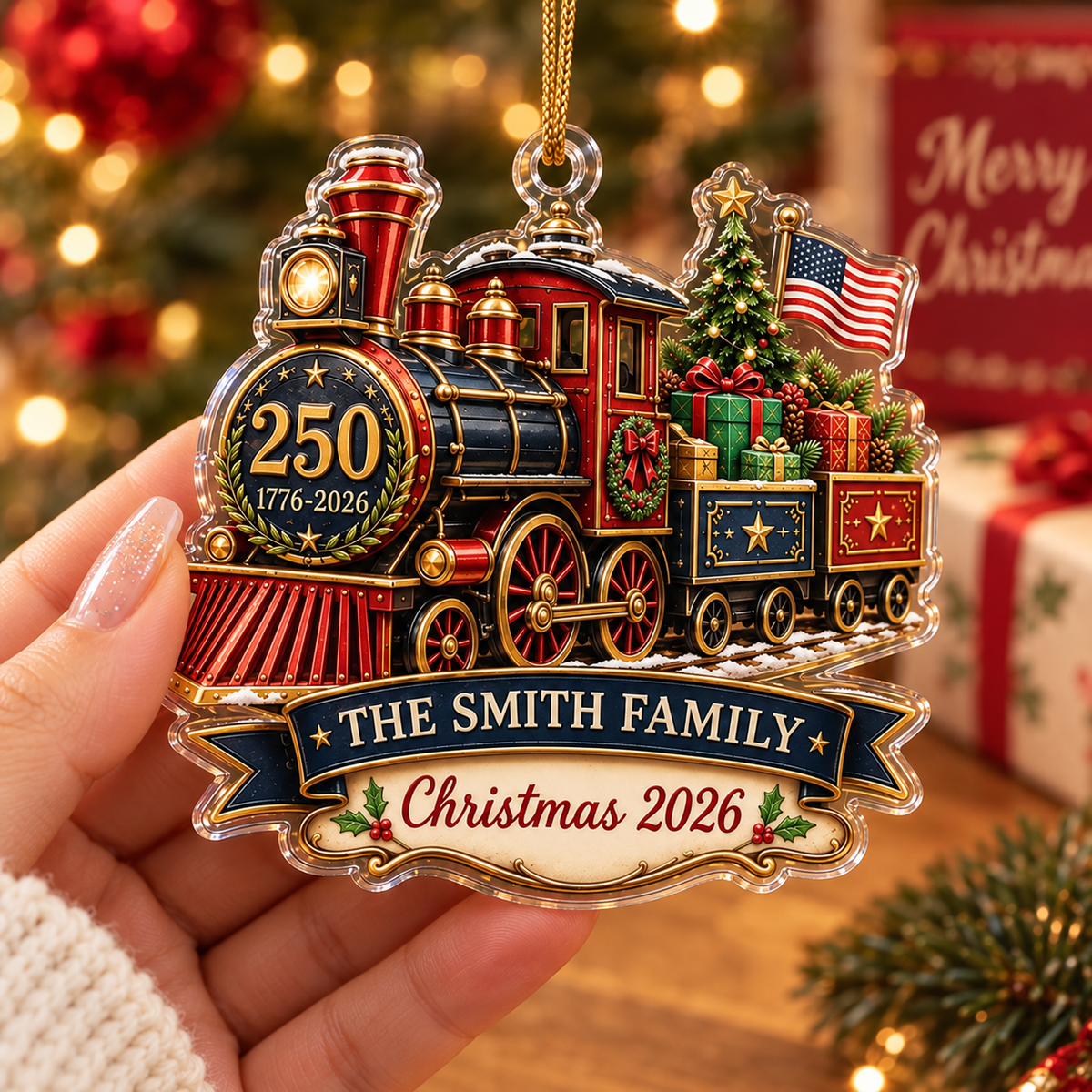 250 1776-2026 America Anniversary Patriotic Train Ornament on a hanger, ready to ship from Austin, Texas