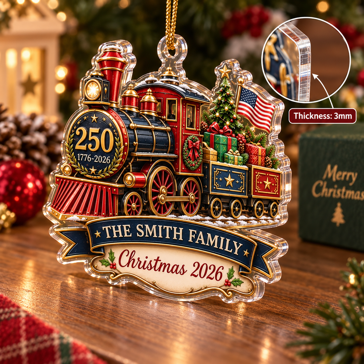 Customer in Austin, Texas wearing 250 1776-2026 America Anniversary Patriotic Train Ornament