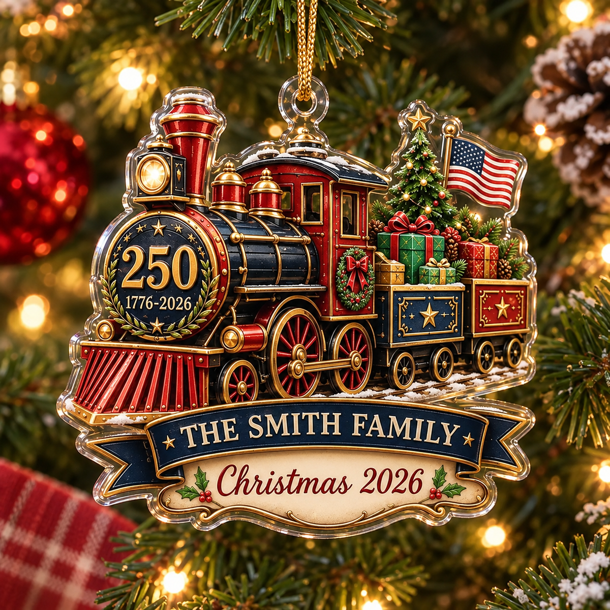 250 1776-2026 America Anniversary Patriotic Train Ornament available at our Austin, Texas warehouse