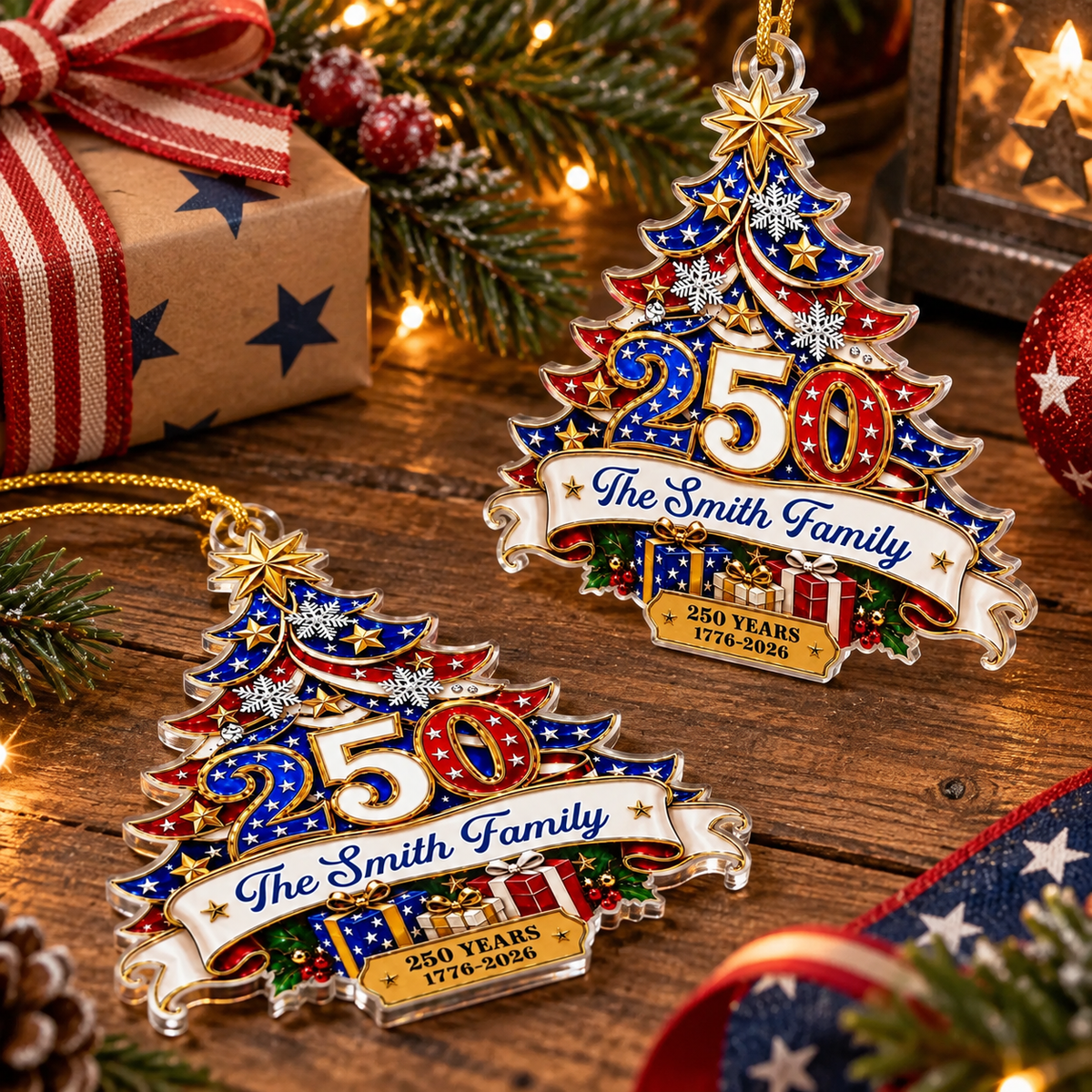 Customer in Austin, Texas wearing 250 Years 1776-2026 America Semiquincentennial Ornament Patriotic Holiday Gift