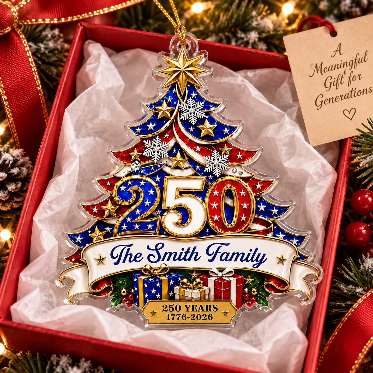 Close-up of 250 Years 1776-2026 America Semiquincentennial Ornament Patriotic Holiday Gift for streetwear fans in Austin, Texas