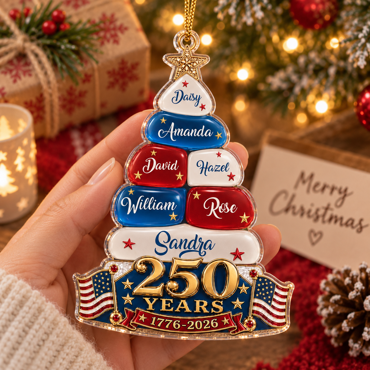 250 Years 1776-2026 America Semiquincentennial Ornament Personalized Patriotic Christmas Tree Decor  on a hanger, ready to ship from Austin, Texas