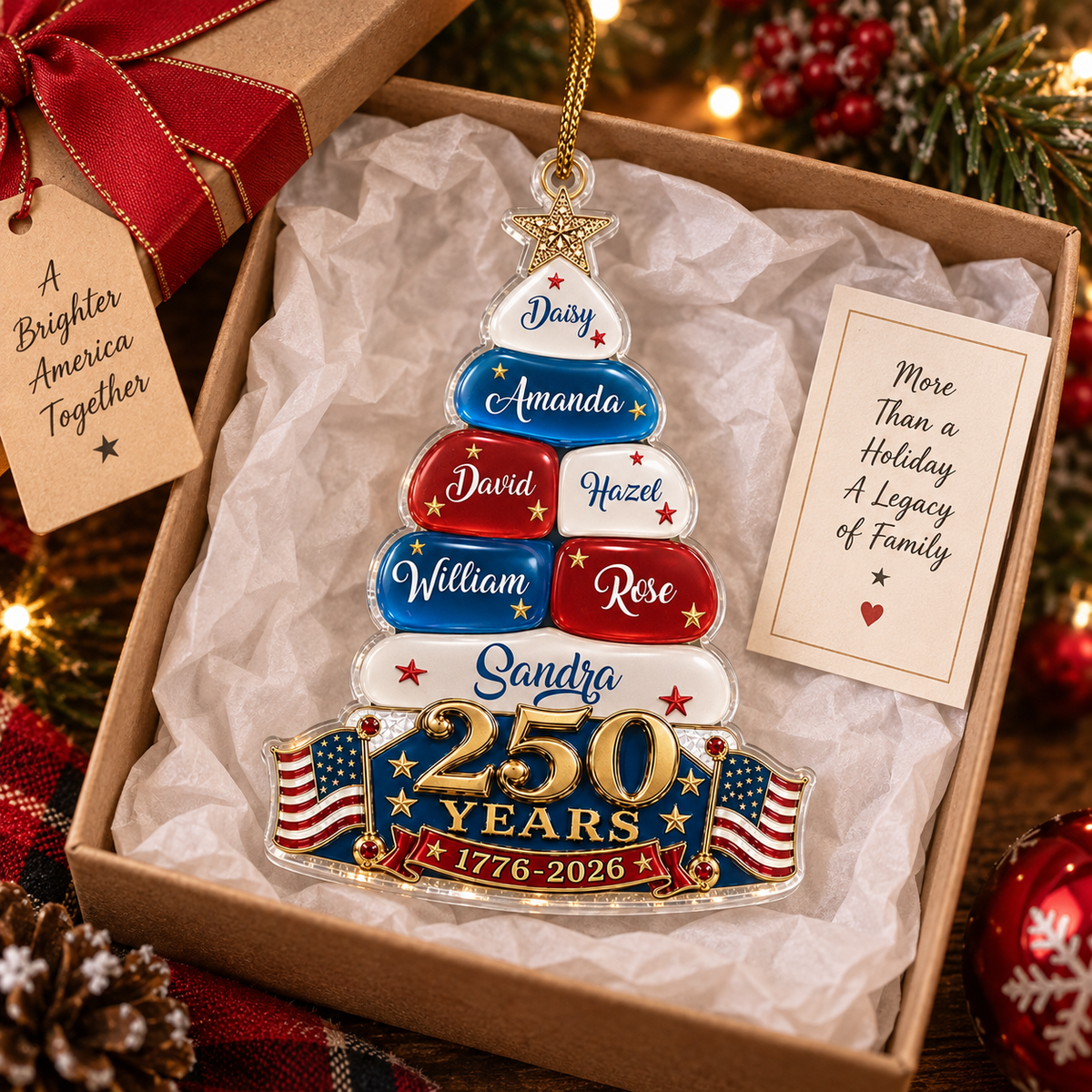 Close-up of 250 Years 1776-2026 America Semiquincentennial Ornament Personalized Patriotic Christmas Tree Decor  for streetwear fans in Austin, Texas