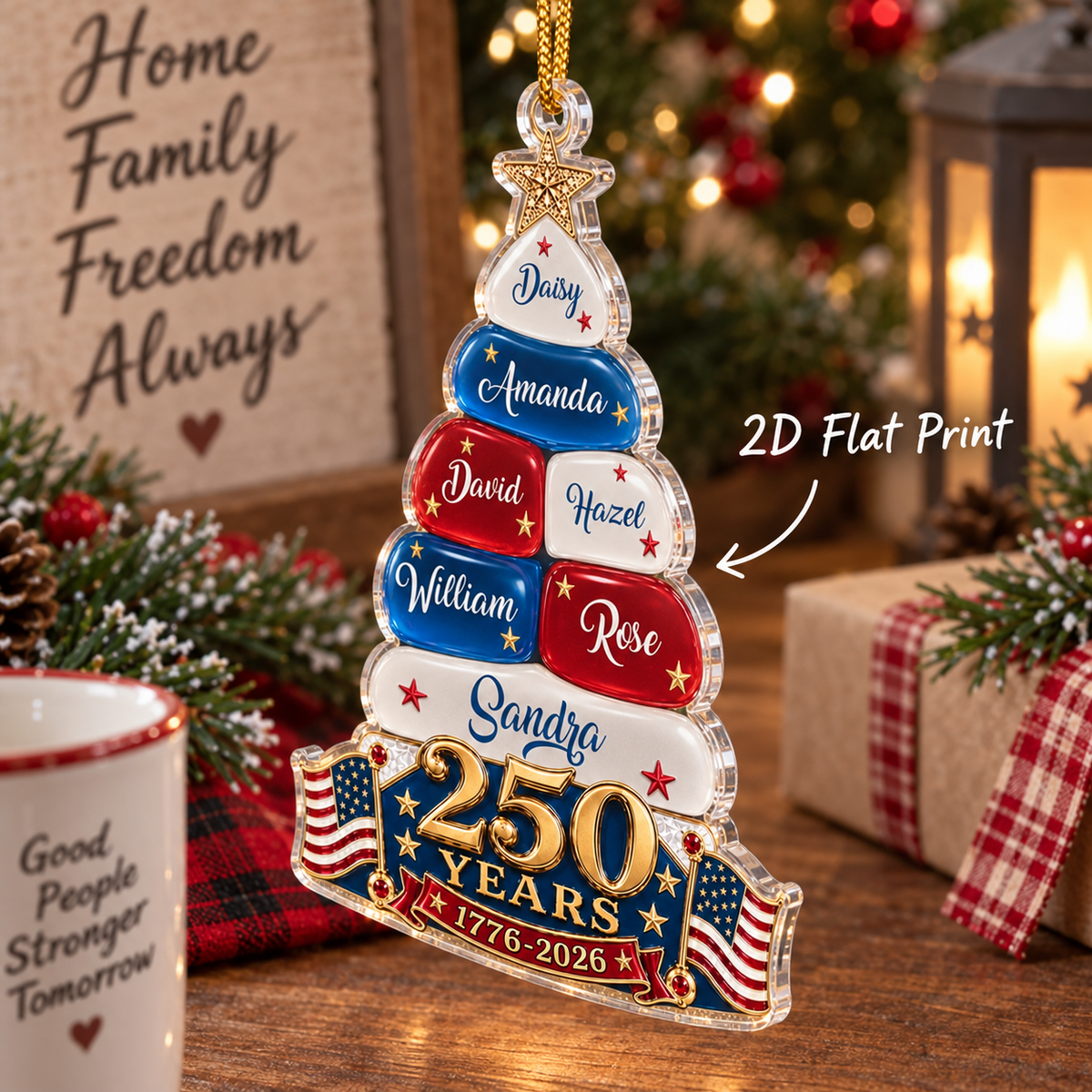 Customer in Austin, Texas wearing 250 Years 1776-2026 America Semiquincentennial Ornament Personalized Patriotic Christmas Tree Decor 
