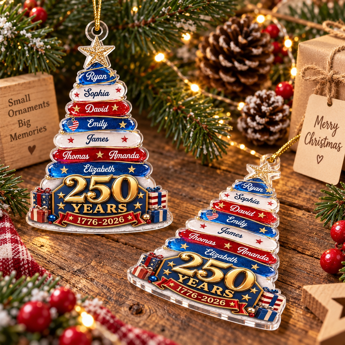 250 Years 1776-2026 America Semiquincentennial Patriotic Christmas Tree Ornament Personalized Family on a hanger, ready to ship from Austin, Texas