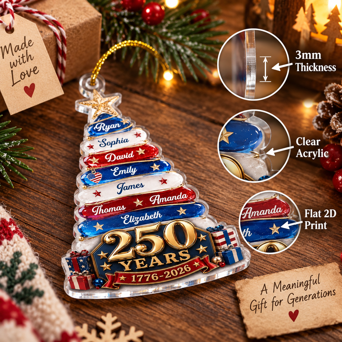 Close-up of 250 Years 1776-2026 America Semiquincentennial Patriotic Christmas Tree Ornament Personalized Family for streetwear fans in Austin, Texas