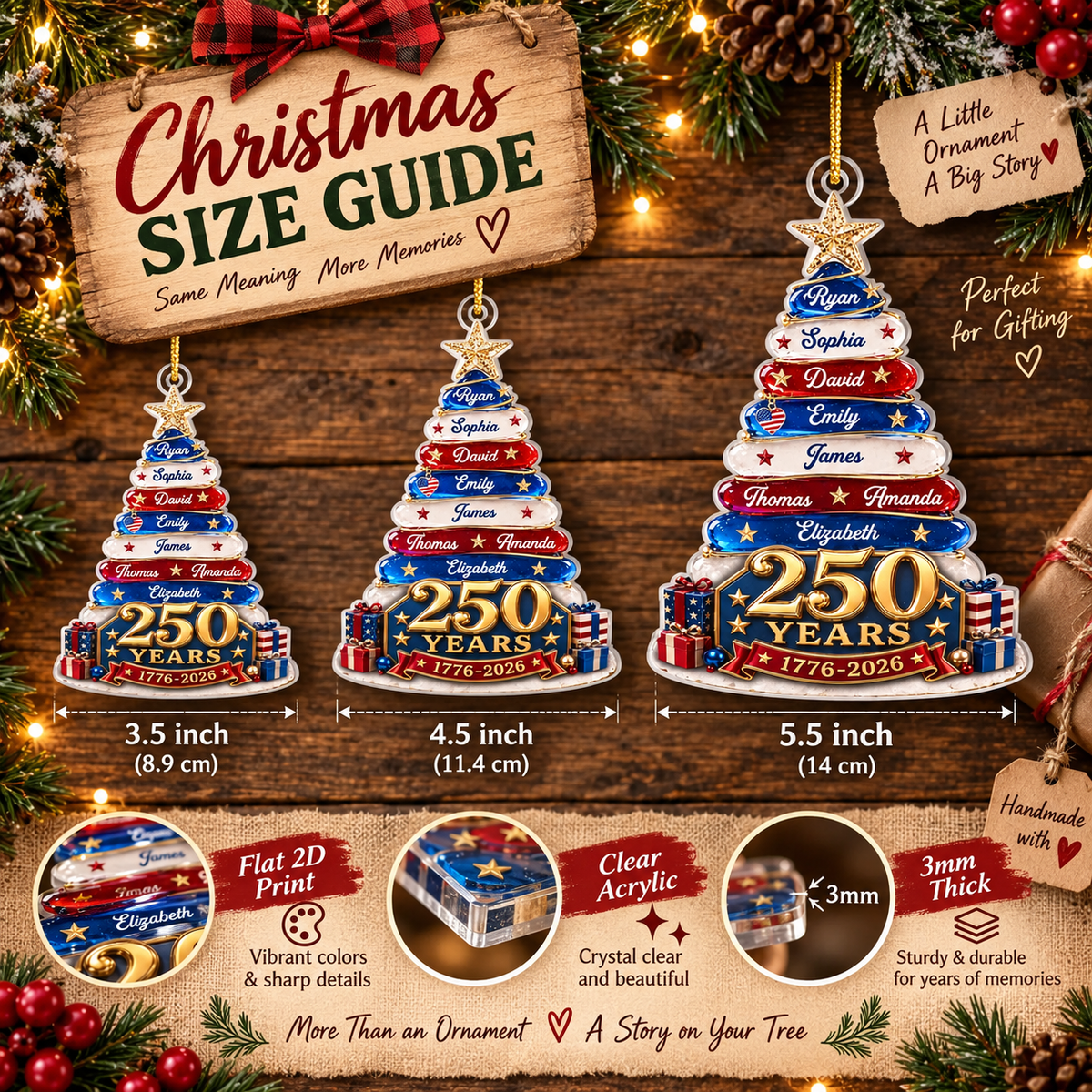 Customer in Austin, Texas wearing 250 Years 1776-2026 America Semiquincentennial Patriotic Christmas Tree Ornament Personalized Family