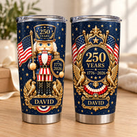 Two stainless steel travel mugs showing front nutcracker graphic and back 250 years anniversary design with custom name.