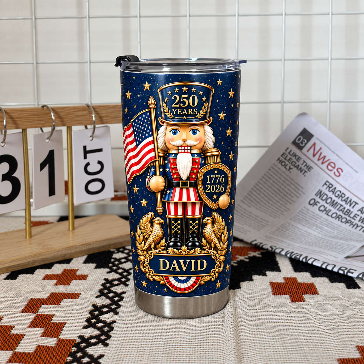 Patriotic nutcracker tumbler with customized name placed on patterned mat next to calendar and newspaper.