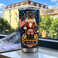 Patriotic nutcracker tumbler featuring dark blue starry background and American flag near newspaper on windowsill.