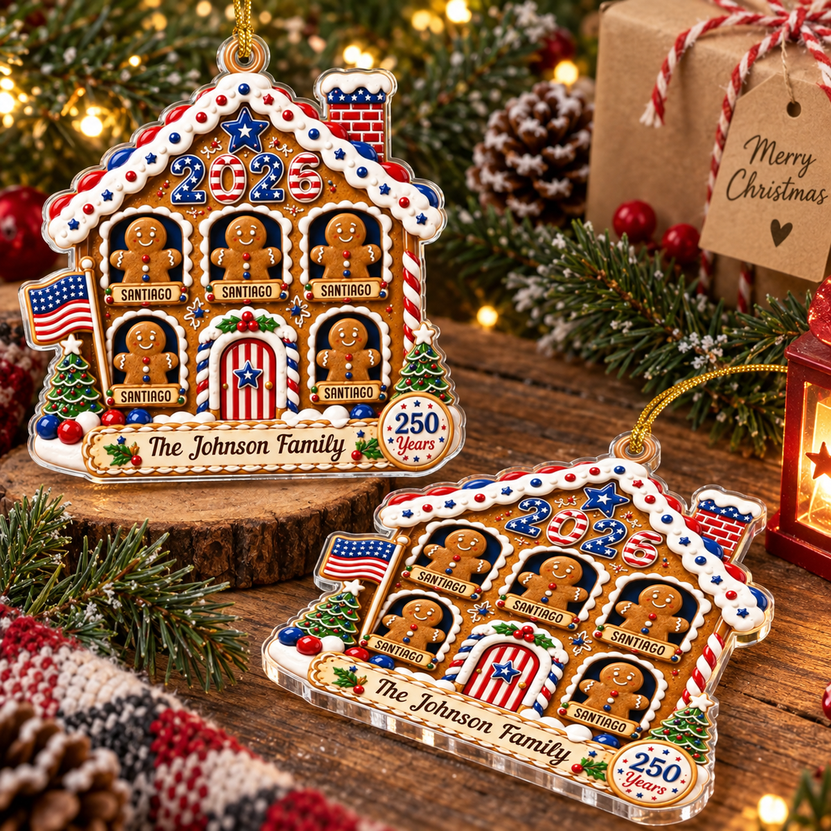 250 Years America Ornament Personalized Patriotic Gingerbread House Christmas Keepsake on a hanger, ready to ship from Austin, Texas
