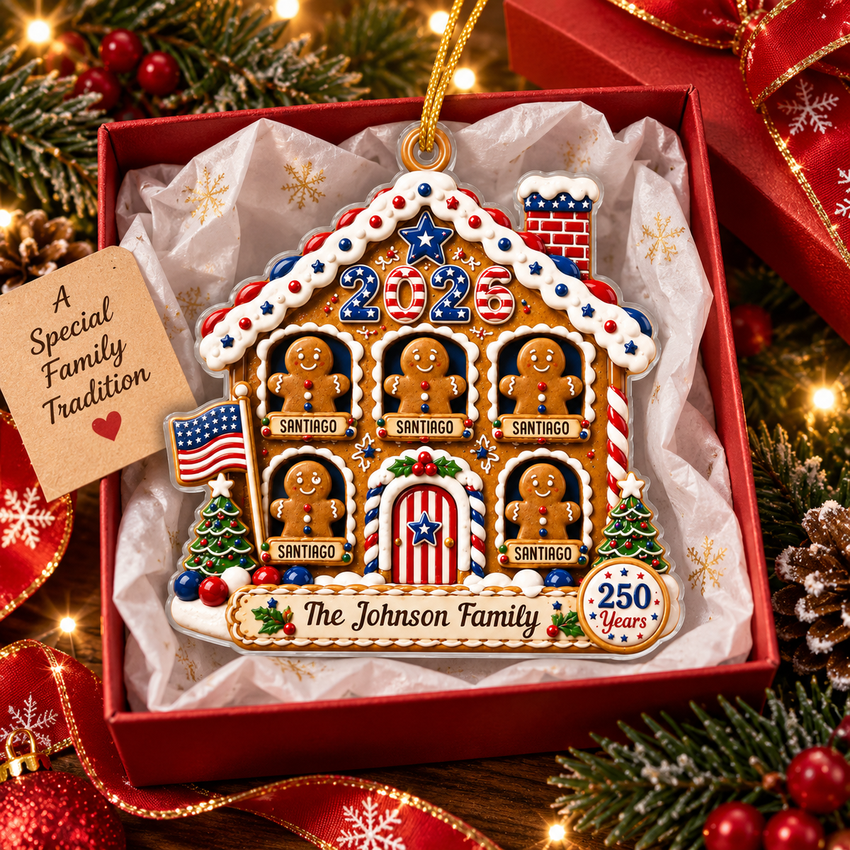 Customer in Austin, Texas wearing 250 Years America Ornament Personalized Patriotic Gingerbread House Christmas Keepsake