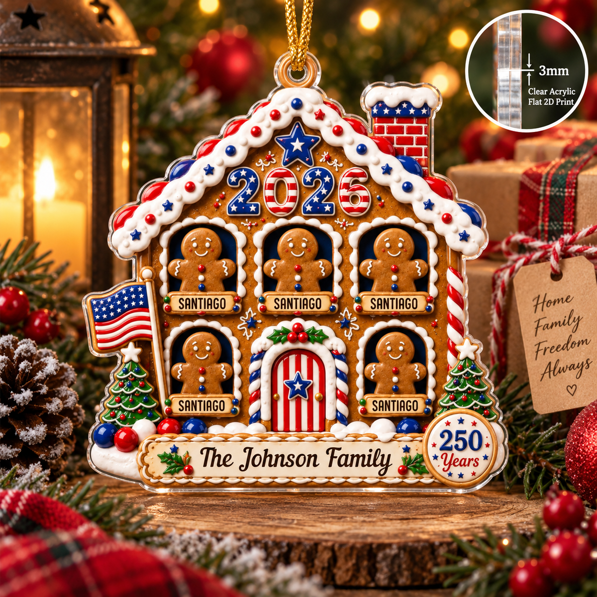 Close-up of 250 Years America Ornament Personalized Patriotic Gingerbread House Christmas Keepsake for streetwear fans in Austin, Texas