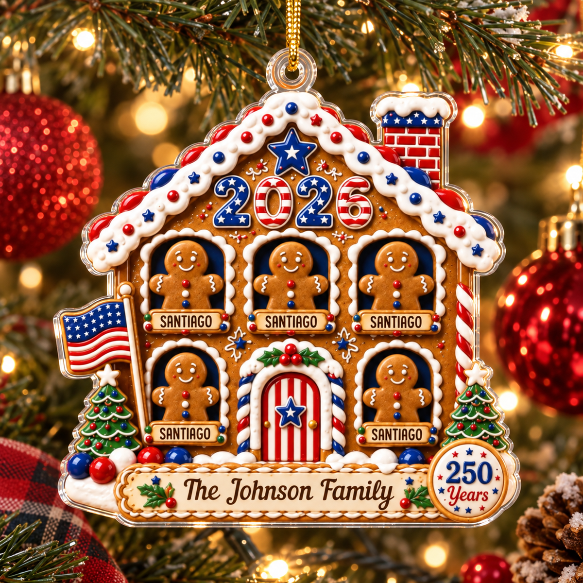 250 Years America Ornament Personalized Patriotic Gingerbread House Christmas Keepsake available at our Austin, Texas warehouse